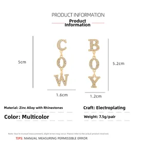 Detailed size specifications for gold rhinestone Cowboy letter drop earrings