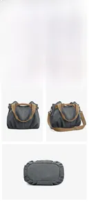 Detailed multi-angle views of grey canvas tote with adjustable strap and reinforced handles