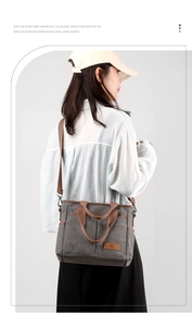 Détail d'un sac en toile gris avec anses brunes et logo en cuir sur un mannequin femme
