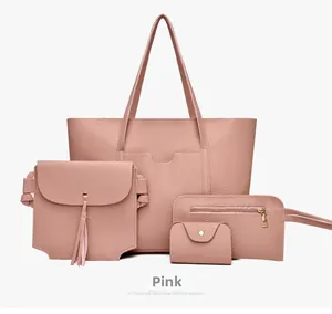 Set di borse da donna 4 pezzi in ecopelle rosa con borsa shopper e borsa a tracolla con nappa