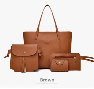 Dettaglio del set da 4 pezzi di borse marroni in ecopelle con tracolla e pochette
