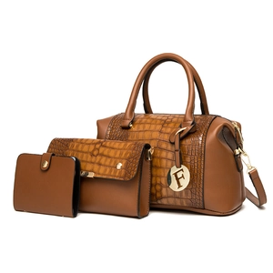 Brown 3-piece tote bag set with embossed crocodile texture and gold hardware