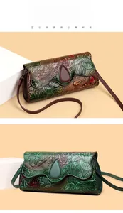 Close-up of vintage embossed patterns featuring koi and lotus on leather crossbody bags