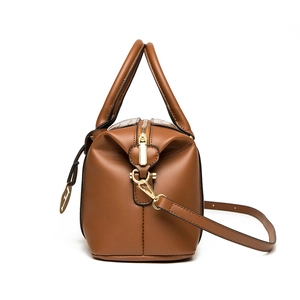 Brown embossed leather Boston bag with gold hardware and detachable strap for women