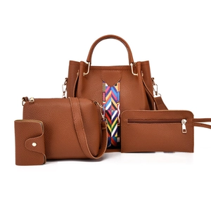 Damen PU Leder Handtasche Schultertasche Umhängetasche Geldbörse Kartenhalter Set Litschi Textur Ethno Muster Gurtband Tasche Set