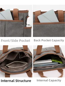 Détails du sac en toile grise avec anses marrons et compartiments de rangement internes