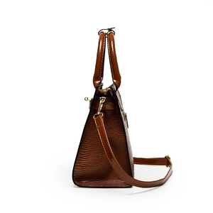 Brown lizard-embossed large tote bag with double handles and gold-tone hardware