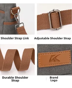Détails de la sangle en toile durable, boucle métallique réglable et logo en cuir embossé