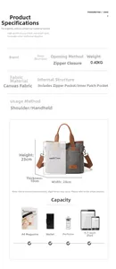 Spécifications de taille pour un sac fourre-tout en toile grise avec dimensions exactes