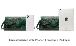 Size comparison of green embossed leather crossbody bag with koi fish pattern and tablets
