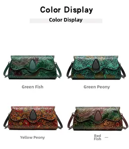 Color display of four vintage embossed crossbody bags with floral and koi patterns