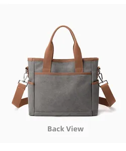 Vue détaillée du dos du sac en toile grise avec anses marron et crochets métalliques