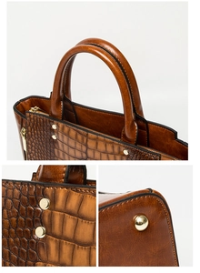 Détails du sac à main marron effet crocodile avec rivets dorés et pieds de protection