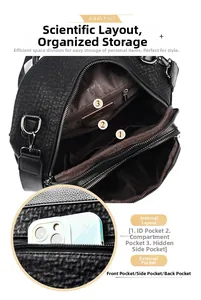 Detailed view of black faux leather backpack interior with multi-pocket storage layout