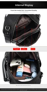 Detail view of black pebble leather backpack with multiple inner pockets and brown lining