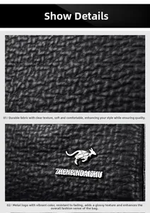 Macro detail of lychee texture faux leather and silver kangaroo metal logo on the bag