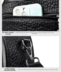 Detail of back zipper pocket and detachable metal hooks on black lychee leather backpack