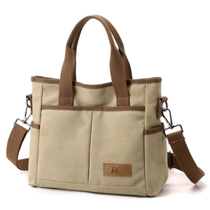 Sac fourre-tout en toile kaki avec bordure marron et bandoulière amovible réglable