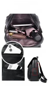 Detailed interior and exterior views of a black pebbled leather backpack with pockets