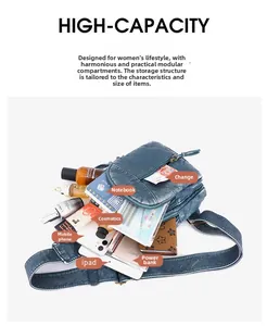 Detailed interior storage view of a blue retro washed leather crossbody bag with items