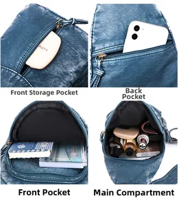 Detail view of the multi-pocket storage structure and blue PU leather texture of the bag