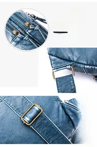 Close-up of vintage bronze hardware and blue washed PU leather texture on a crossbody bag