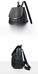 Detail of black lychee grain leather backpack featuring flap closure and kangaroo logo