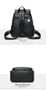 Detail view of black lychee grain leather backpack with back anti-theft zipper and bottom