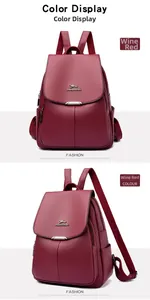 Detail view of wine red backpack with litchi texture and metal flip buckle closure