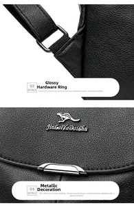 Close-up of black lychee grain texture with silver metal brand logo and D-ring link
