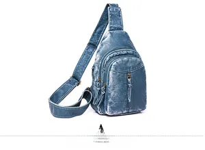 Detailed side view of blue vintage PU leather crossbody bag with multiple zip pockets