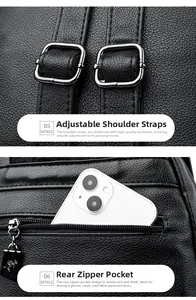 Detail of adjustable leather straps and back anti-theft zipper pocket on black backpack