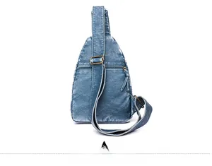 Rear view of the blue PU leather crossbody bag featuring a zipper pocket and strap