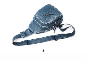 Detail of vintage blue PU leather crossbody bag with multiple zippers and adjustable strap