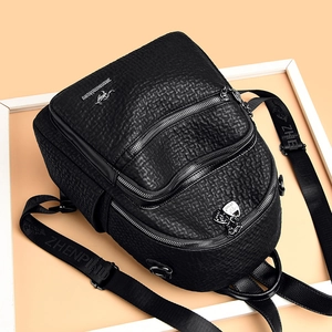 Chic black litchi pattern leather backpack for women with multi-zipper layered design