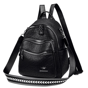 Black leather backpack for women with litchi texture and stylish woven shoulder strap