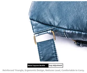 Close-up of golden square buckle and reinforced strap on blue washed leather bag