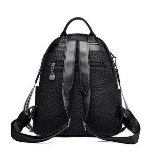 Black pebbled leather backpack for women with adjustable lettered nylon straps