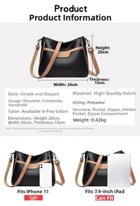 Infographic showing bag dimensions 26x20x10cm and capacity comparison with iPad and phone