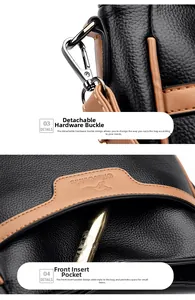 Detail of black lychee grain leather bag with brown trim and silver hardware hooks