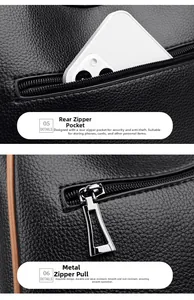 Close-up of leather crossbody bag featuring back anti-theft zipper and metallic hardware