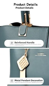 Détail du sac à main en cuir bleu canard avec ferrures dorées et poignées renforcées