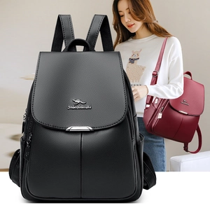 Women's textured leather backpack with large capacity and kangaroo logo detail