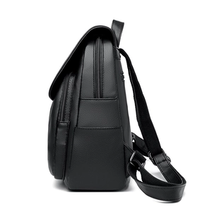 Large capacity black faux leather backpack with multiple compartments and side pockets