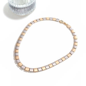 Two-tone gold and silver square metal block collar necklace with minimalist lobster clasp