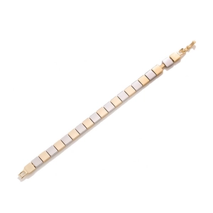 Two-tone gold and silver square metal link bracelet with a polished folding clasp finish
