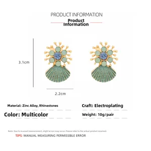 Detail showing dimensions of enamel shell earrings with rhinestones and zinc alloy base