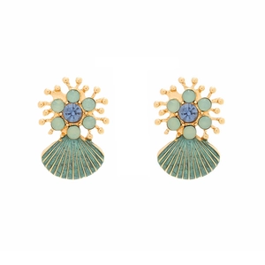 Colorful enamel shell drop earrings with radial sunburst design and faux crystal studs