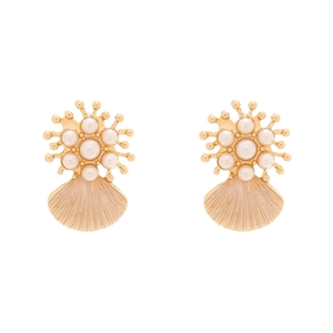 Golden shell earrings with white faux pearls and coral design on white background