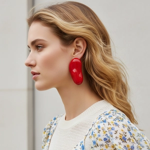 Boucles D'oreilles Géométriques Asymétriques Rouge Brillant Émail Avec Tige En Acier Inoxydable Bijoux En Alliage Exagérés Pour Femme